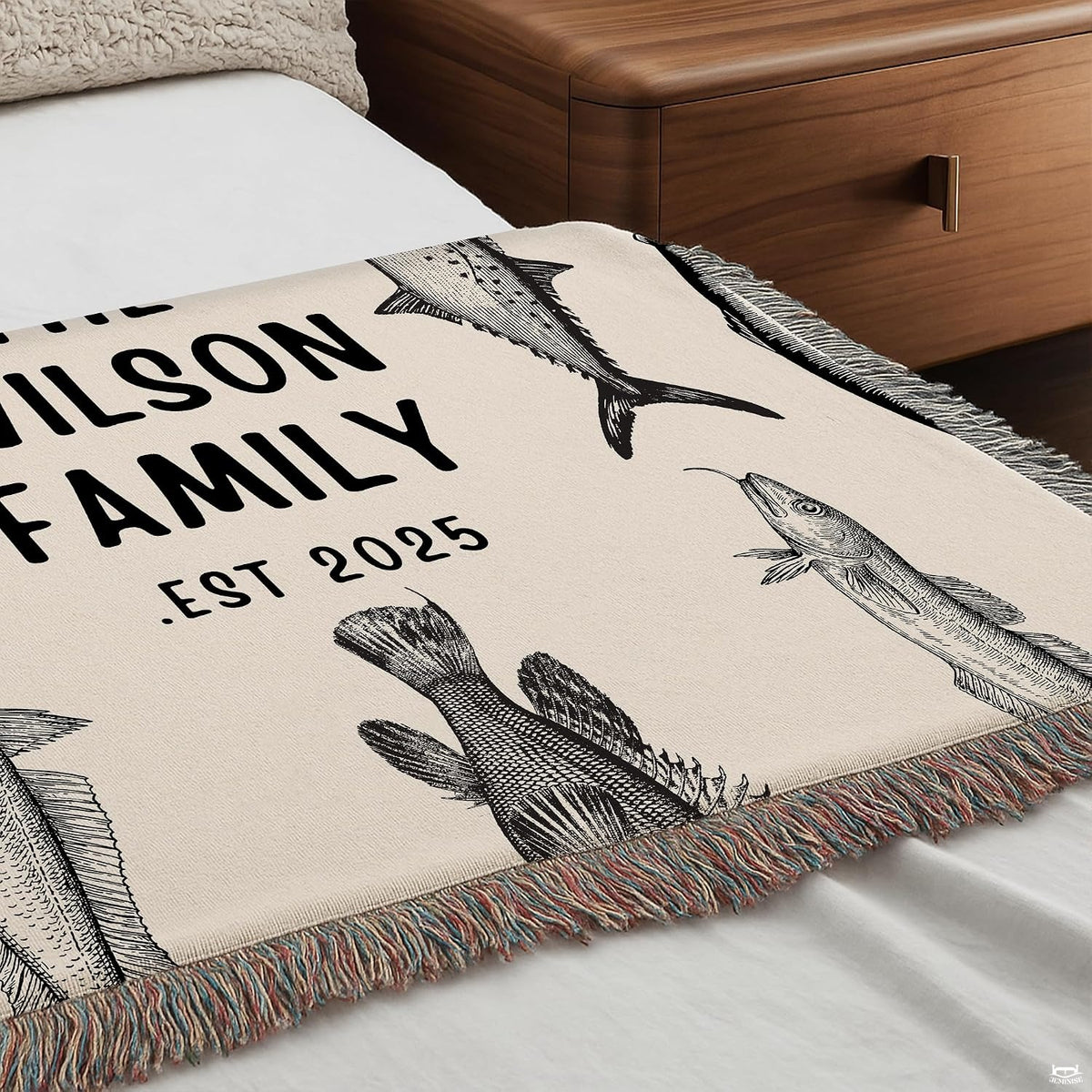 Full display of vintage fish engraving lakehouse throw blanket laid flat on light wooden floor