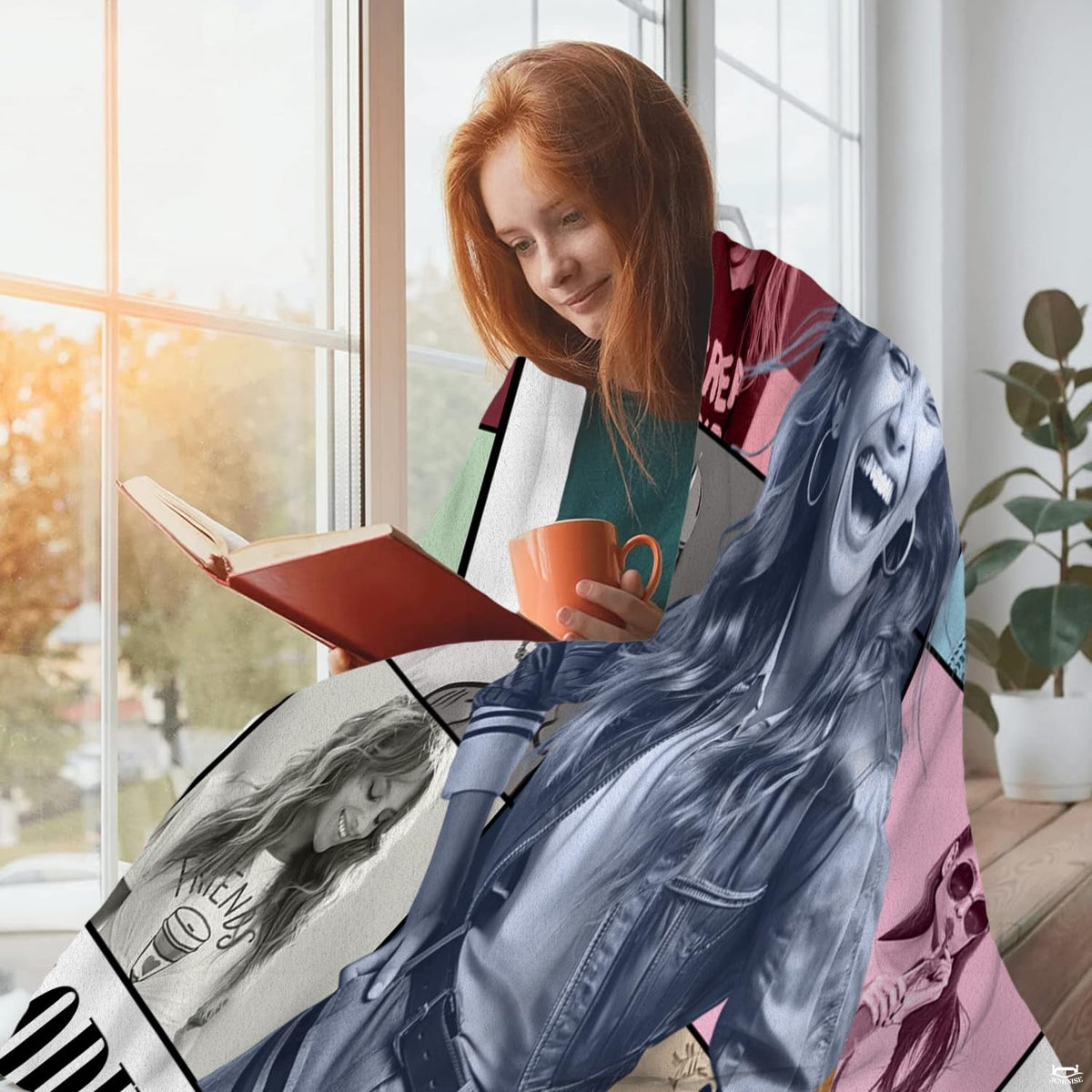 Pop music eras tour photo collage graphic blanket showing pastel portrait tiles and album typography view 2