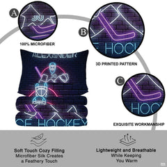 Corner fold view of ice hockey bedding highlighting sharp electric neon printing against dark background