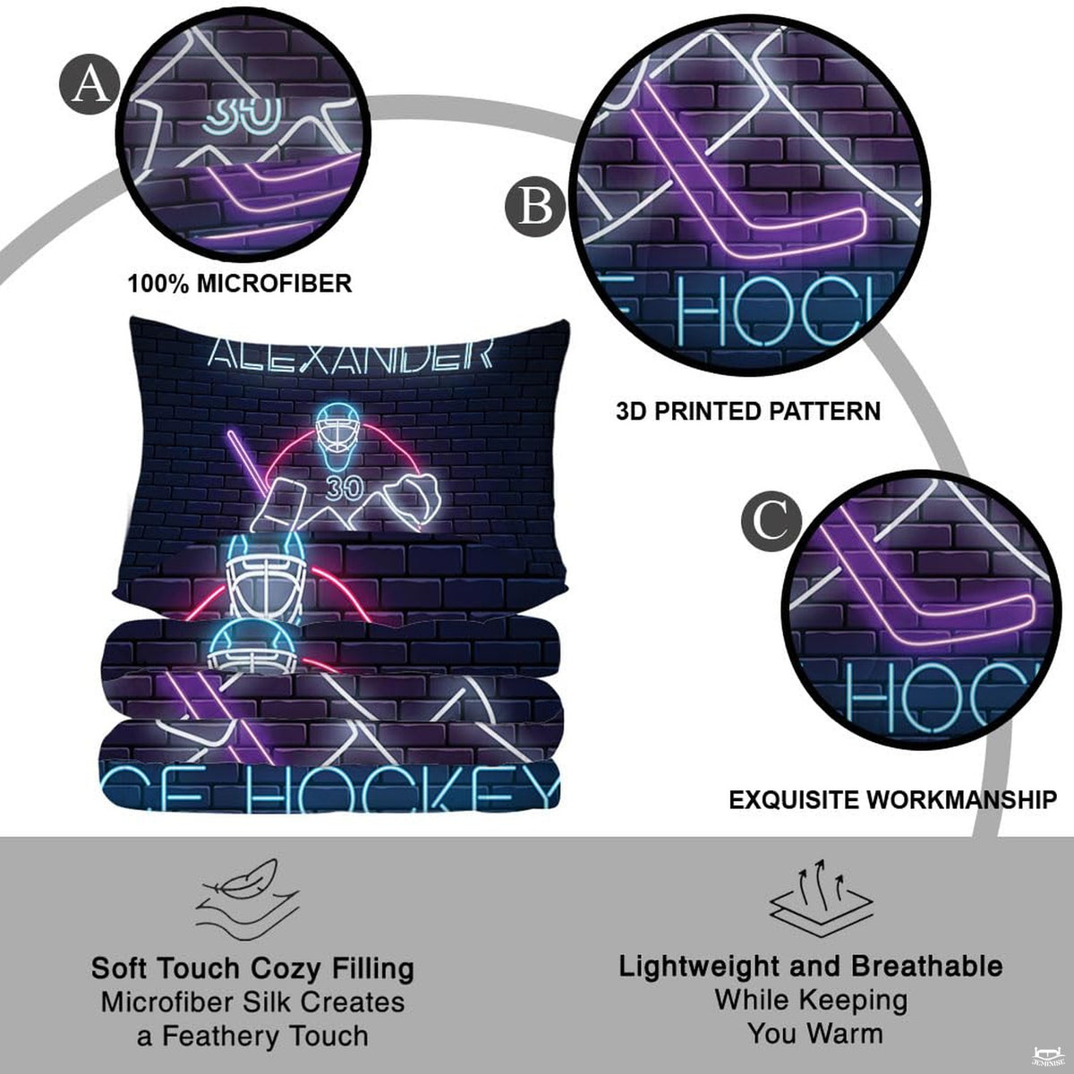 Corner fold view of ice hockey bedding highlighting sharp electric neon printing against dark background