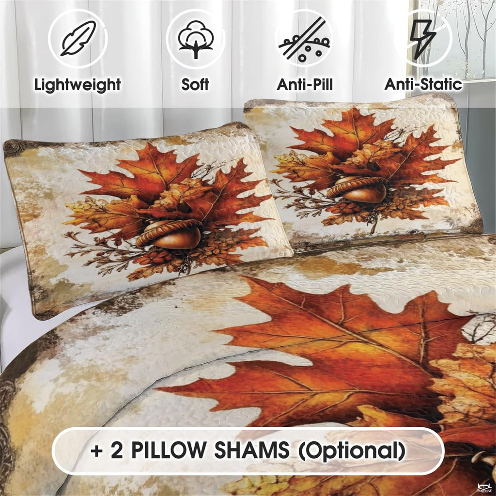 Close-up detail of botanical leaf artwork and burnt terracotta tones on autumn bedding