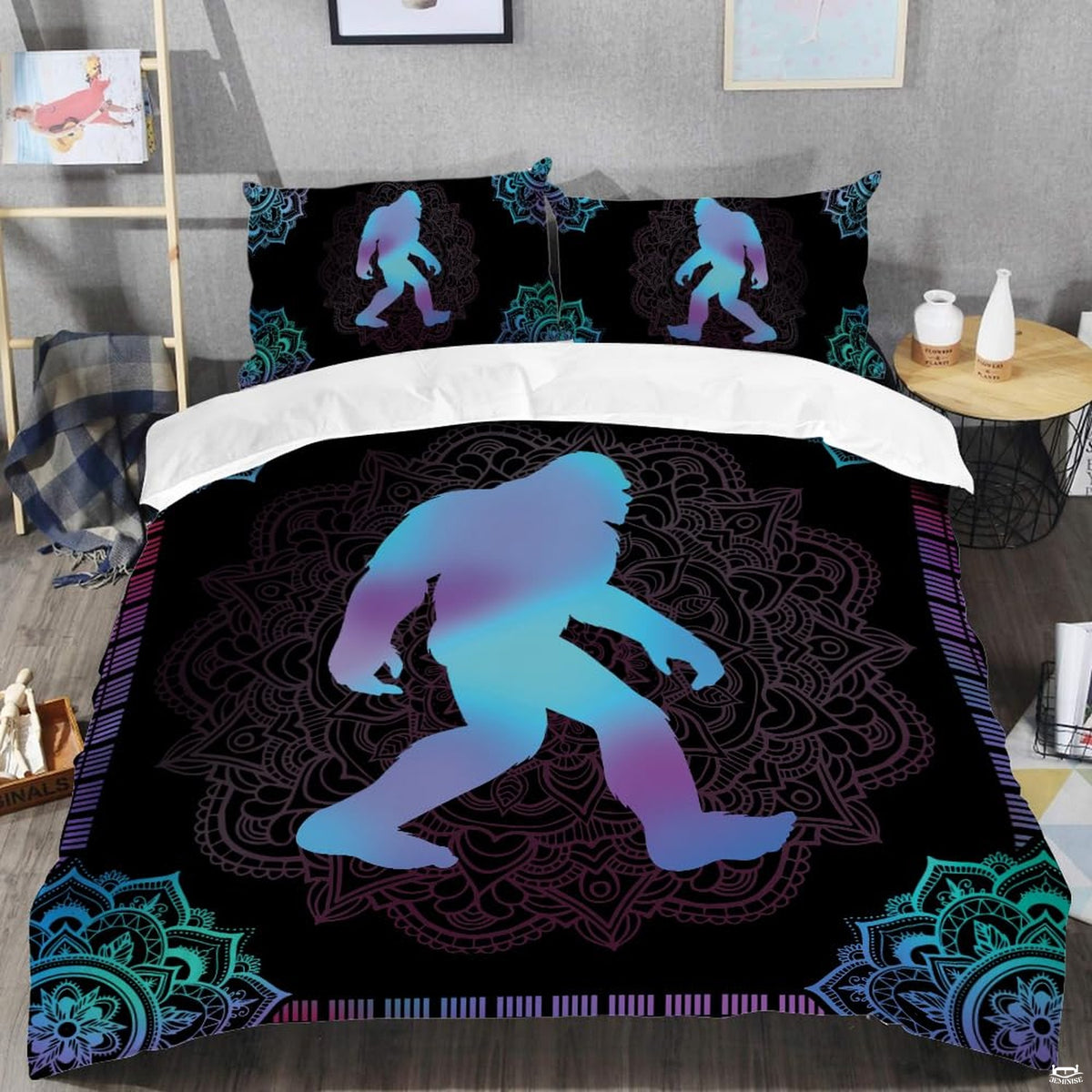 Close-up perspective of Bigfoot bedding showing detailed circular mandala linework and pastel gradient