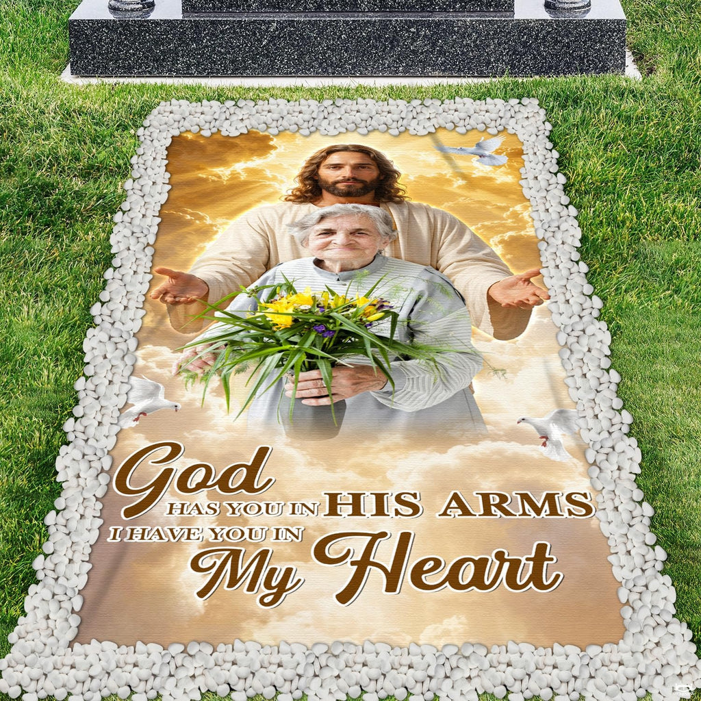 Christian memorial throw blanket displaying Christ welcoming a loved one into golden celestial clouds with doves