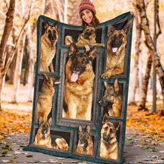 Noble German Shepherd poses framed across rich baroque patterned background.