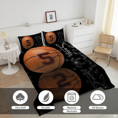 Close-up view of basketball bedding showcasing orange pebbled ball texture and dramatic black shadows