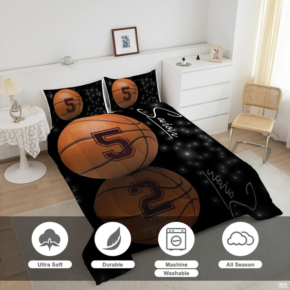 Close-up view of basketball bedding showcasing orange pebbled ball texture and dramatic black shadows