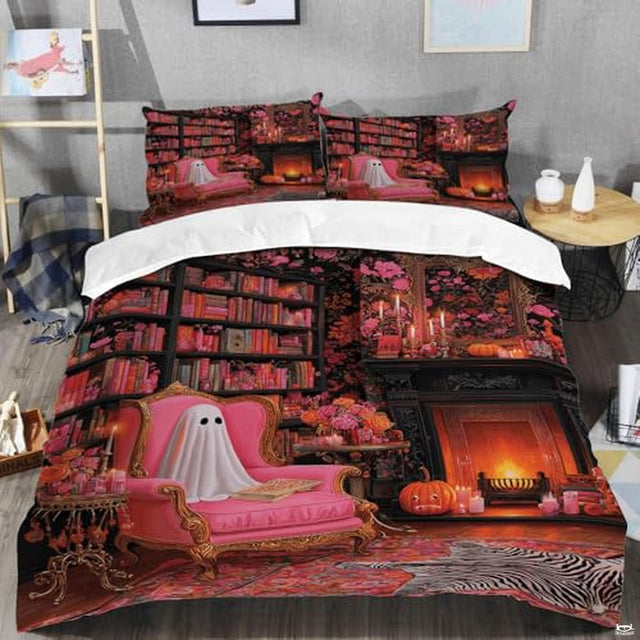 Pink gothic library ghost fireplace bedding - view 2