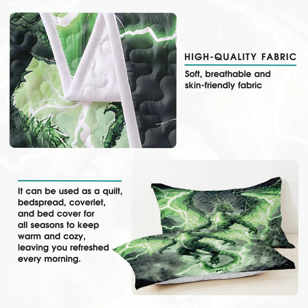 Detail graphic of green dragon artwork with lightning and pale reverse side