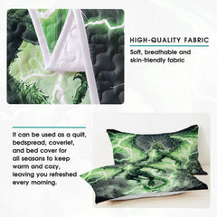 Detail graphic of green dragon artwork with lightning and pale reverse side