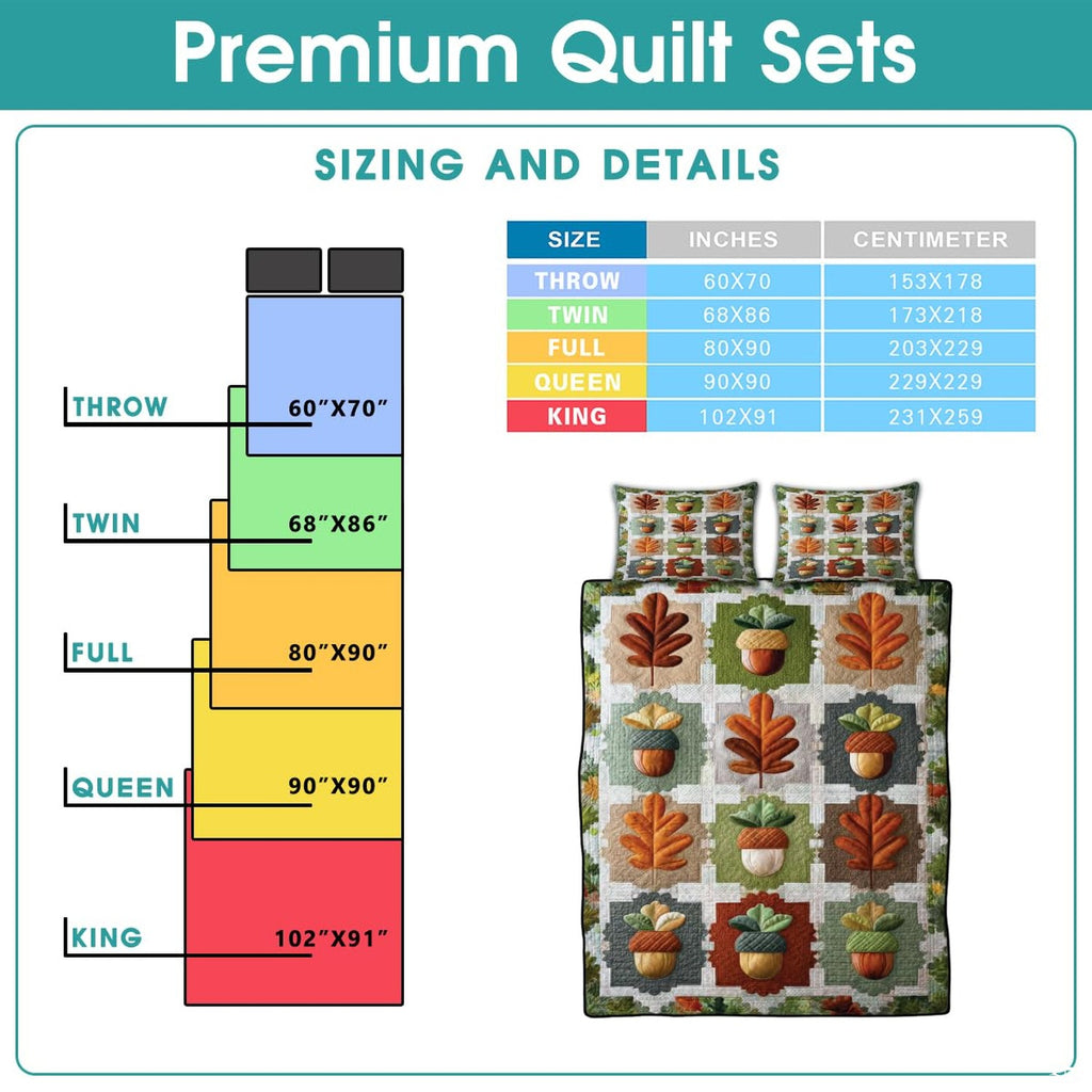 High-angle perspective of autumn oak leaf bedding set presenting balanced geometric patchwork tiles across bed.