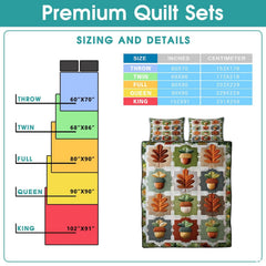 High-angle perspective of autumn oak leaf bedding set presenting balanced geometric patchwork tiles across bed.