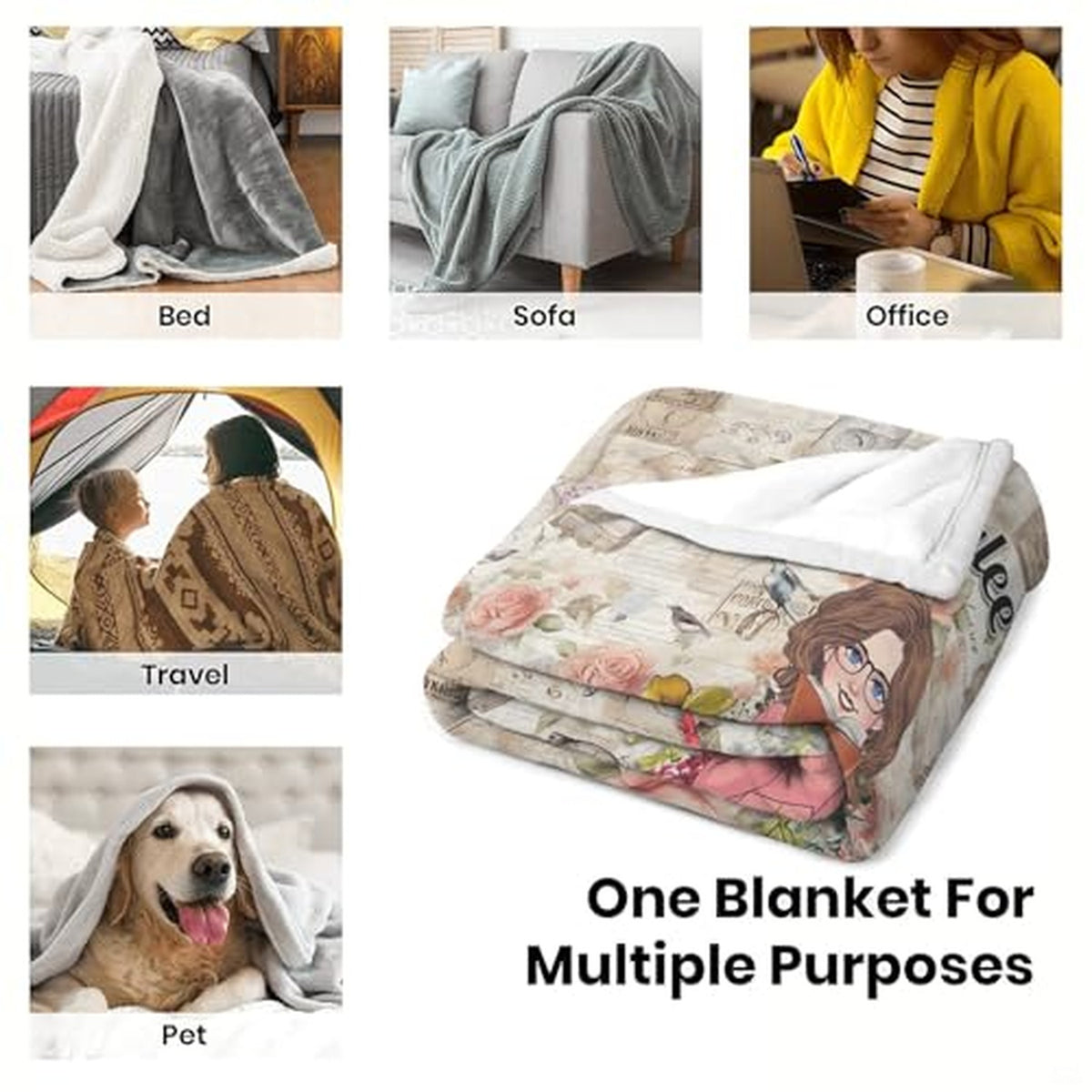Customized Reading Blanket and Throw Book Lovers, Daughter Gifts, Cozy Throw for All Season (Girl Loves Book Design 02)