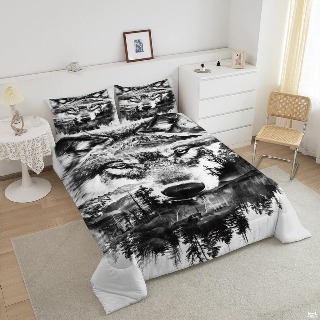 Angled view of black-and-white wolf and mountain landscape bedding
