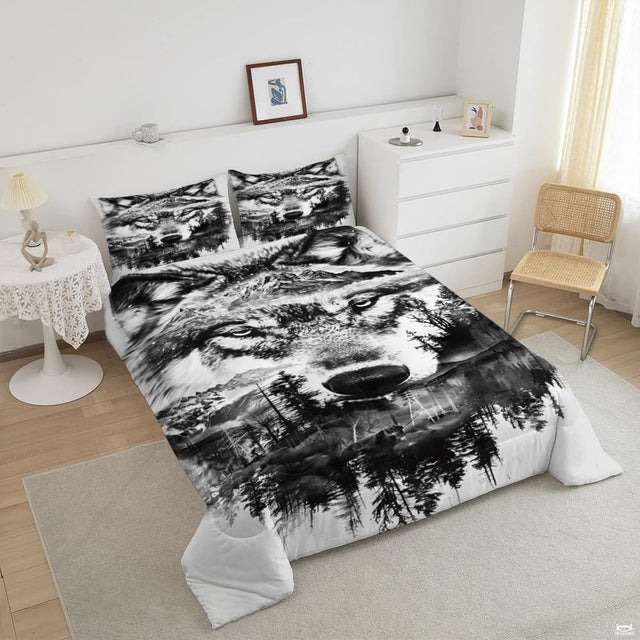 Angled view of black-and-white wolf and mountain landscape bedding