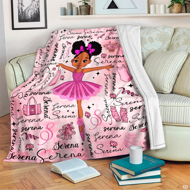 Close up of African American ballerina artwork with pink hair bows in thematic accent afro puffs.