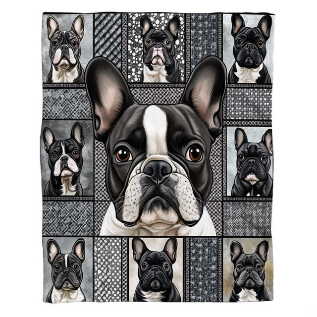 French bulldog portrait grid throw blanket held open showing full multi panel canine artwork