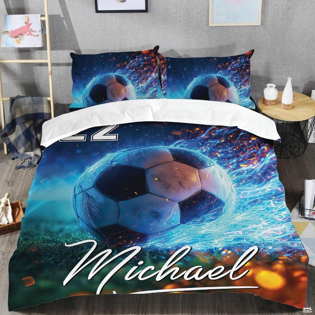 Close-up view of soccer bedding highlighting blazing cyan plasma flame trails and celestial nebula glow