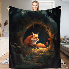 Enchanted forest fox den throw blanket displaying resting red fox inside mossy tree hollow