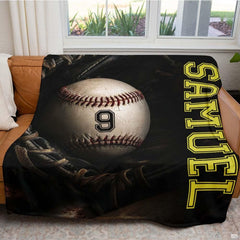 Baseball in fielding mitt throw blanket view 5 highlighting baseball glove details and sports bedroom styling