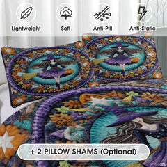 Close view of witch and pumpkin pillow artwork