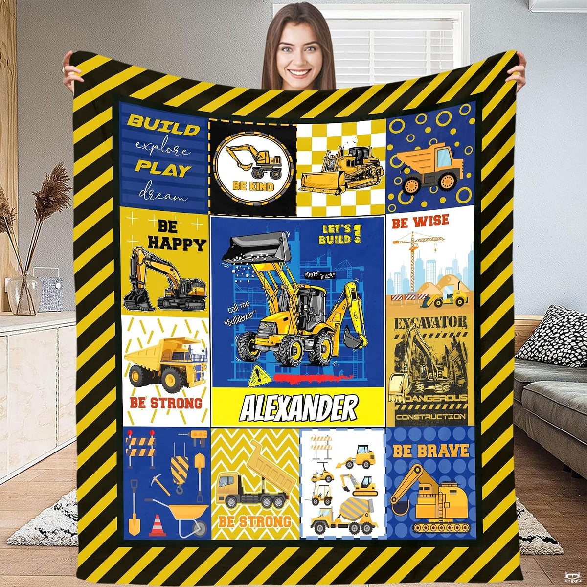 Patchwork vehicle theme layout with yellow diggers and checkered geometric patterns.
