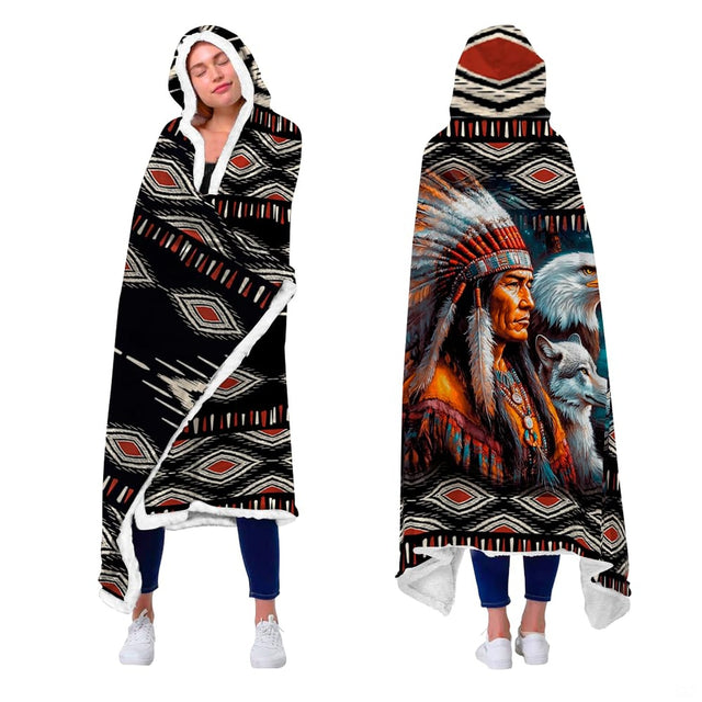 Native American chief throw blanket view 2 highlighting eagle headdress, wolf, and Southwestern borders