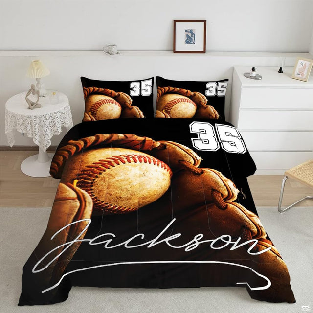 Baseball fielding glove and ball sports bedding featuring classic mitt and collegiate lettering on a bed