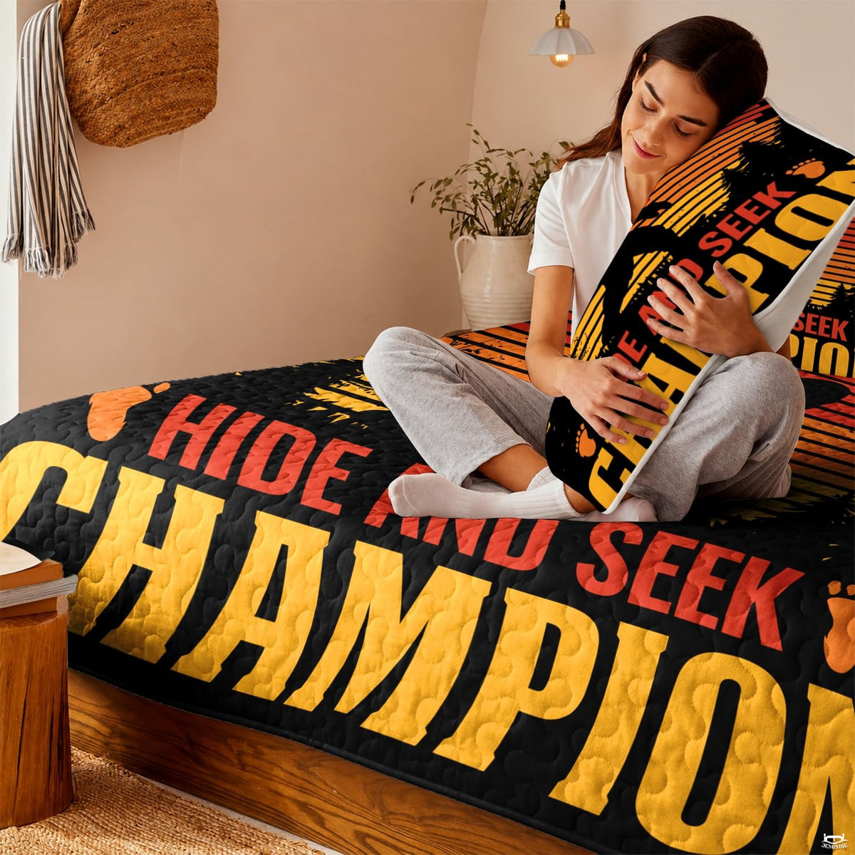 Side perspective of the retro Bigfoot sunset bedding set highlighting the vibrant evening horizon.