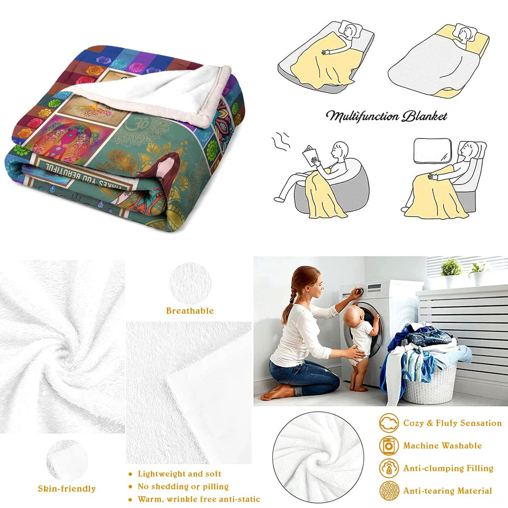 Meditation studio display showing the inspirational wellness blanket in a tranquil setting.
