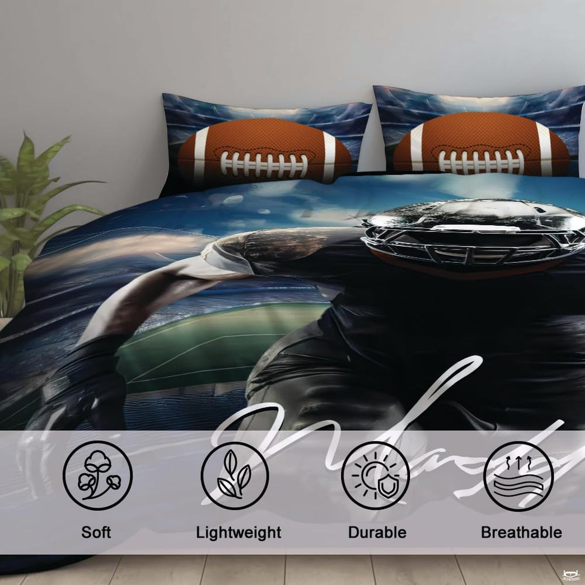 Corner angle of sports bedding highlighting bright stadium floodlights and high-definition graphic print clarity
