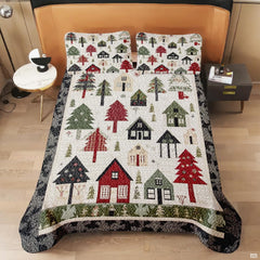 Full bedroom display of snowy parchment snowman bedding styled with festive seasonal winter accents