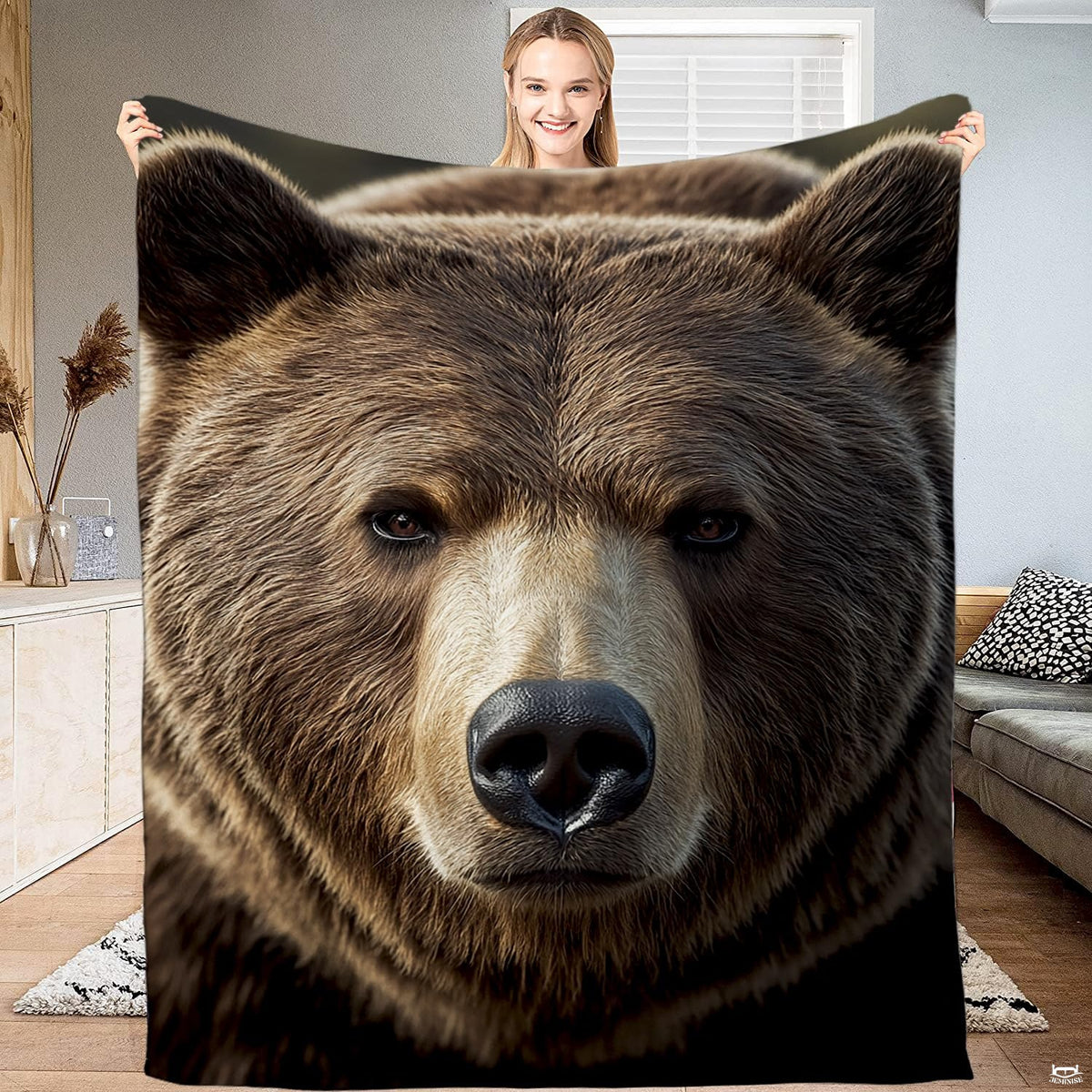 Grizzly bear bedding showcasing realistic wildlife portrait art in rich brown tones on display in a rustic bedroom