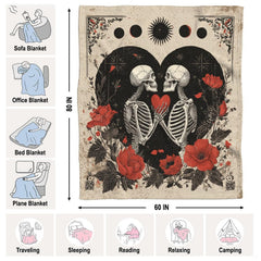 Stylized moody bedroom setting with dark romance bedding framed by antique filigree and moon phase illustrations.
