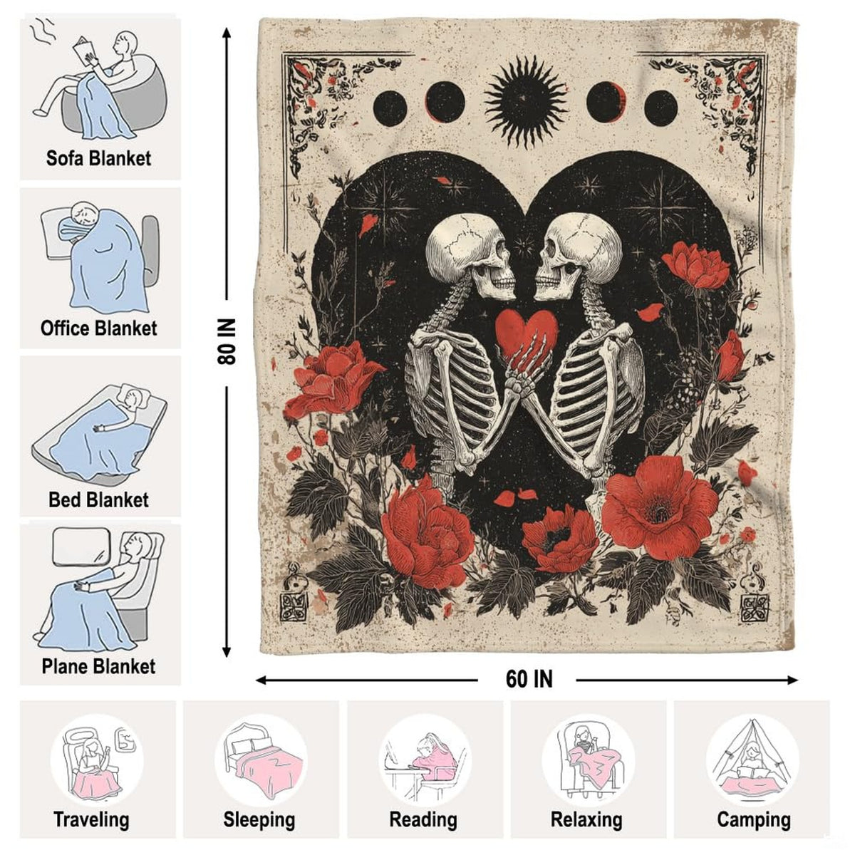 Stylized moody bedroom setting with dark romance bedding framed by antique filigree and moon phase illustrations.