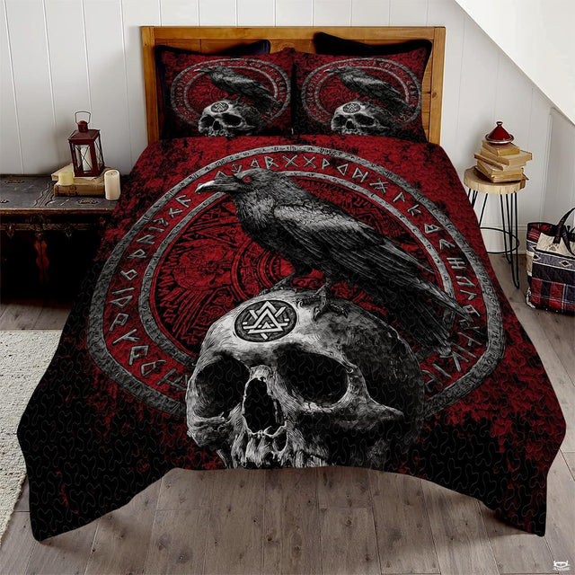 Overhead bedroom view of gothic Norse raven on skull bedding with crimson runic circle on bed.