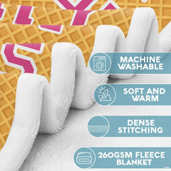 Close-up of dessert sports bedding set print with colorful confectionery sprinkles and golden waffle pattern.