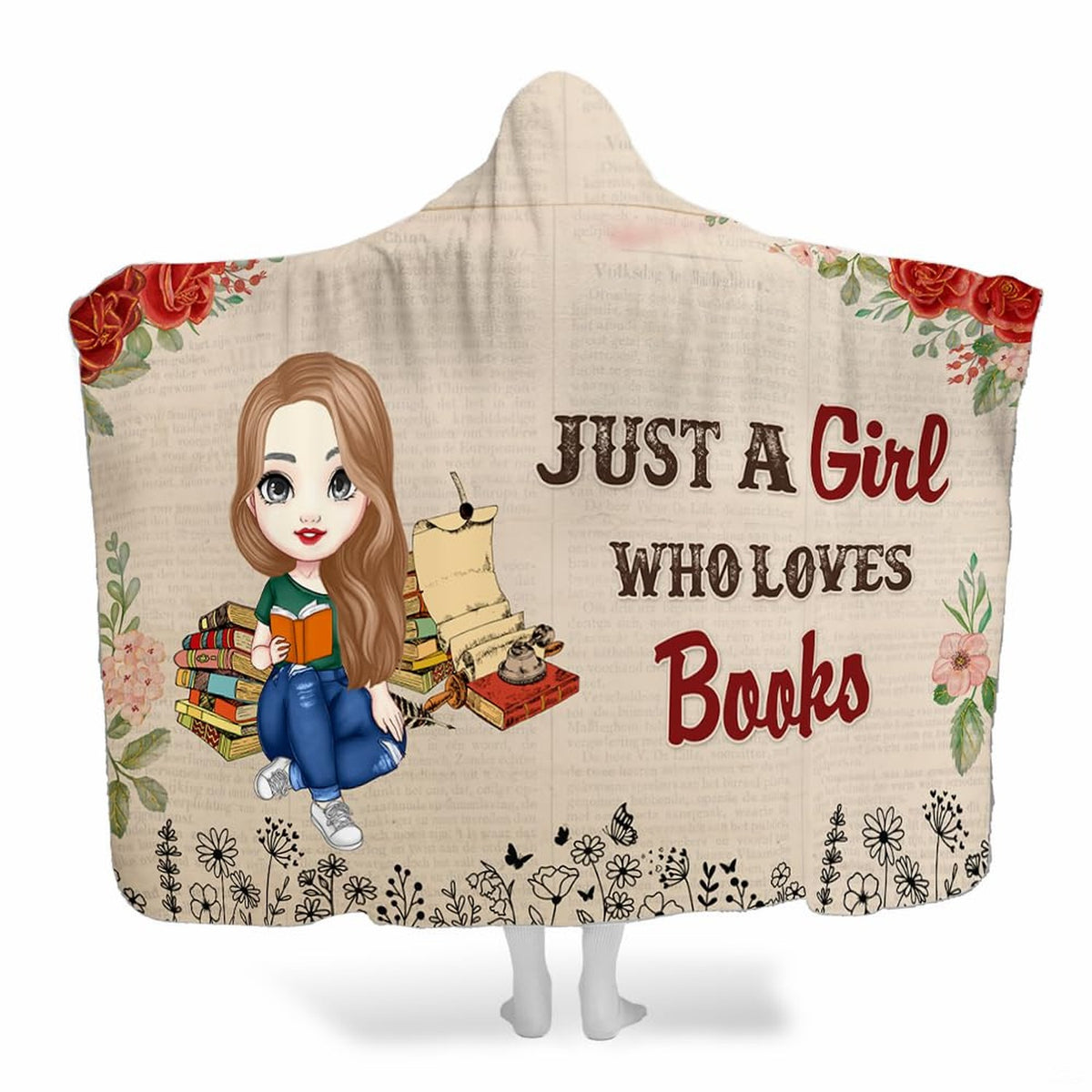 Chibi thematic accent reading near colorful book stacks and vintage parchment surrounded by red roses on sepia print.