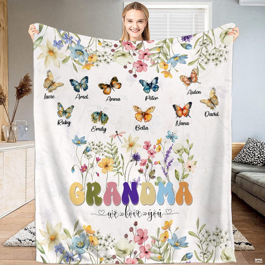 Grandma butterfly wildflower garden throw blanket featuring colorful watercolor meadow blooms and butterflies