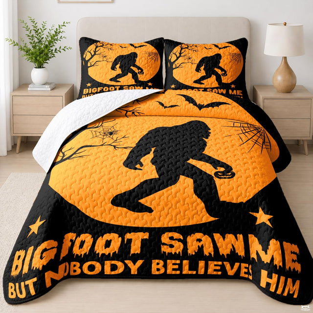 Halloween bed covers showing thematic accent silhouette carrying a pumpkin bucket beneath an orange harvest moon.