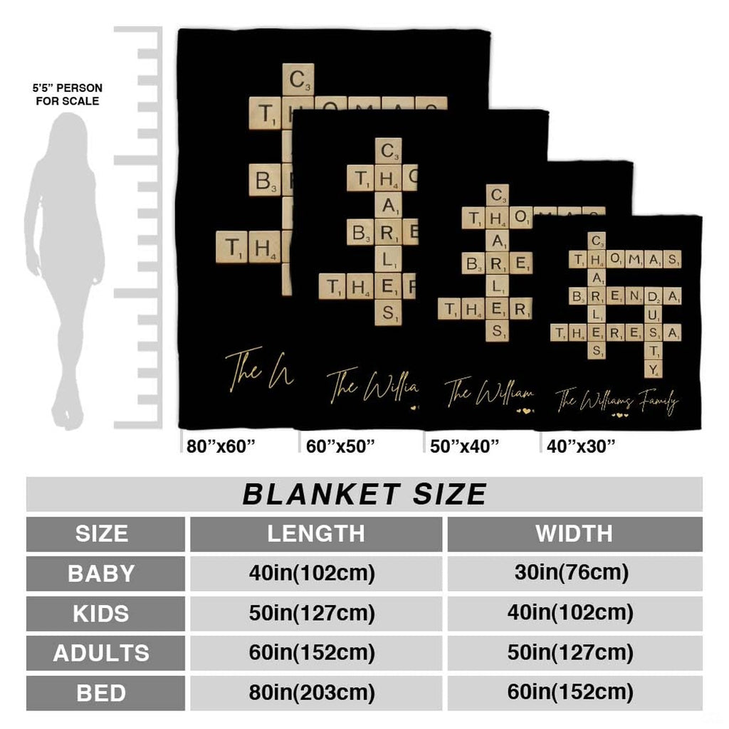 Overhead lifestyle display showing black letter tiles throw blanket styled in a home interior.