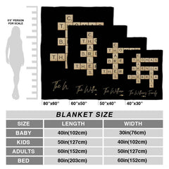 Overhead lifestyle display showing black letter tiles throw blanket styled in a home interior.