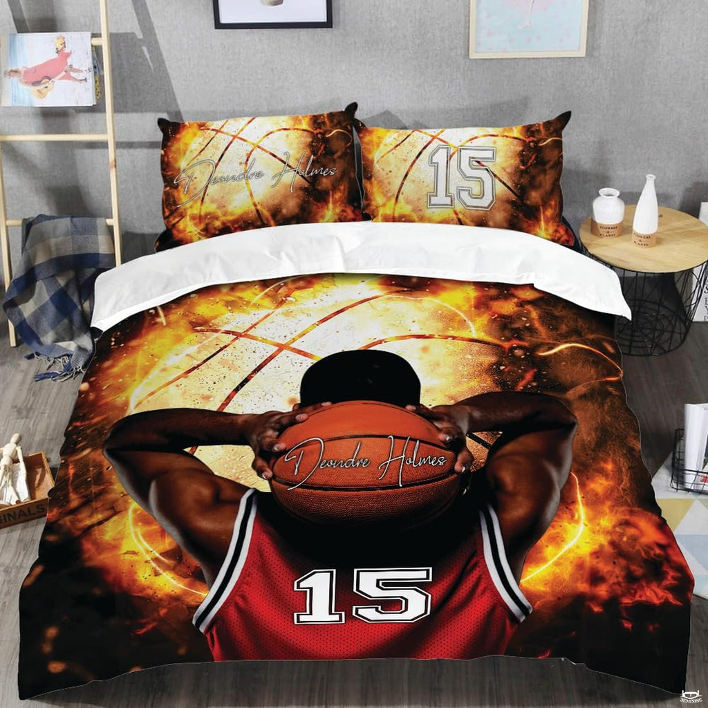 Close-up perspective of sports bedding detailing roaring golden fire, orange basketball, and red jersey mesh