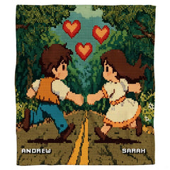 Pixel art romantic forest throw blanket view 2 styled on living room couch in modern home