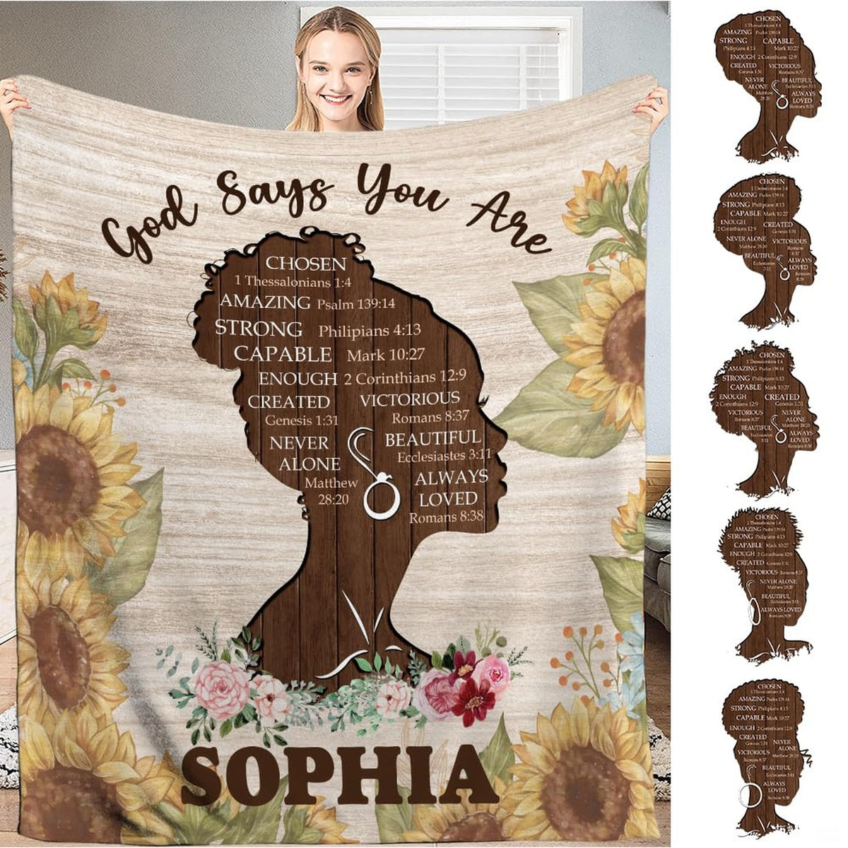 Full view of throw blanket displaying woman silhouette, golden sunflowers, and scripture on wood planks.