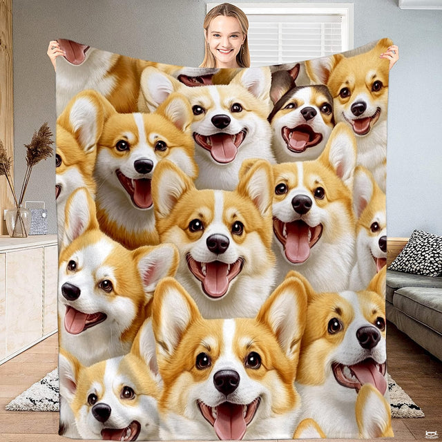 Cheerful collage pattern of smiling Welsh corgi dog faces with pink tongues, view 1.