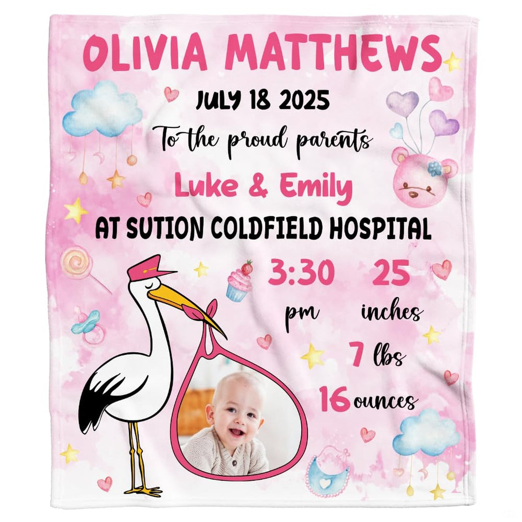 Frontal view of pink watercolor stork nursery arrival milestone blanket with baby bundle sack and clouds.
