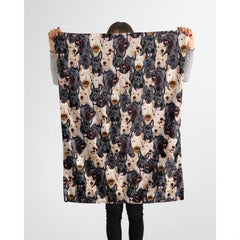 Scottish Terrier photo collage blanket styled across a couch in a room.