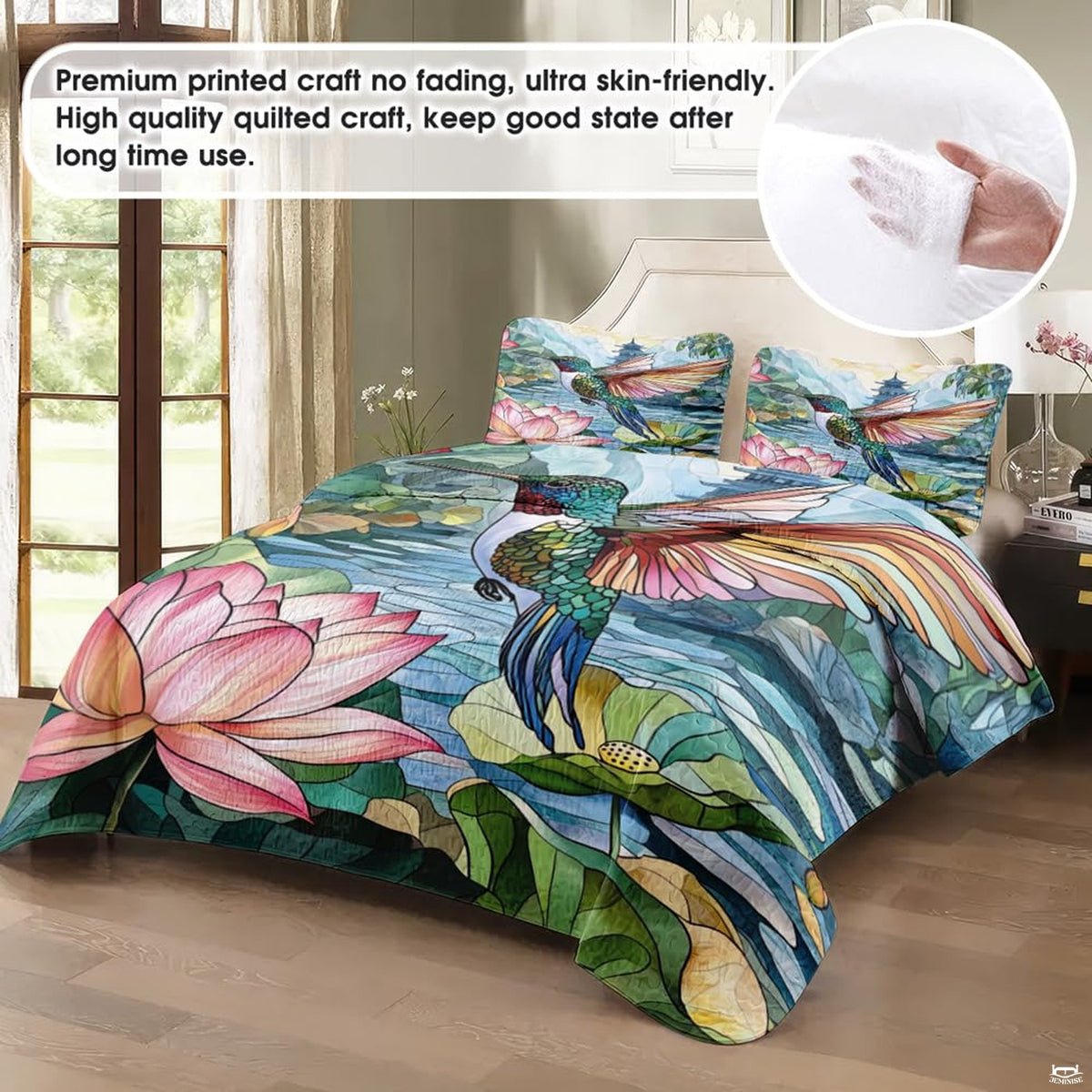 Vibrant mosaic artwork depicting a flying hummingbird above tranquil green lily pads in jewel tones.