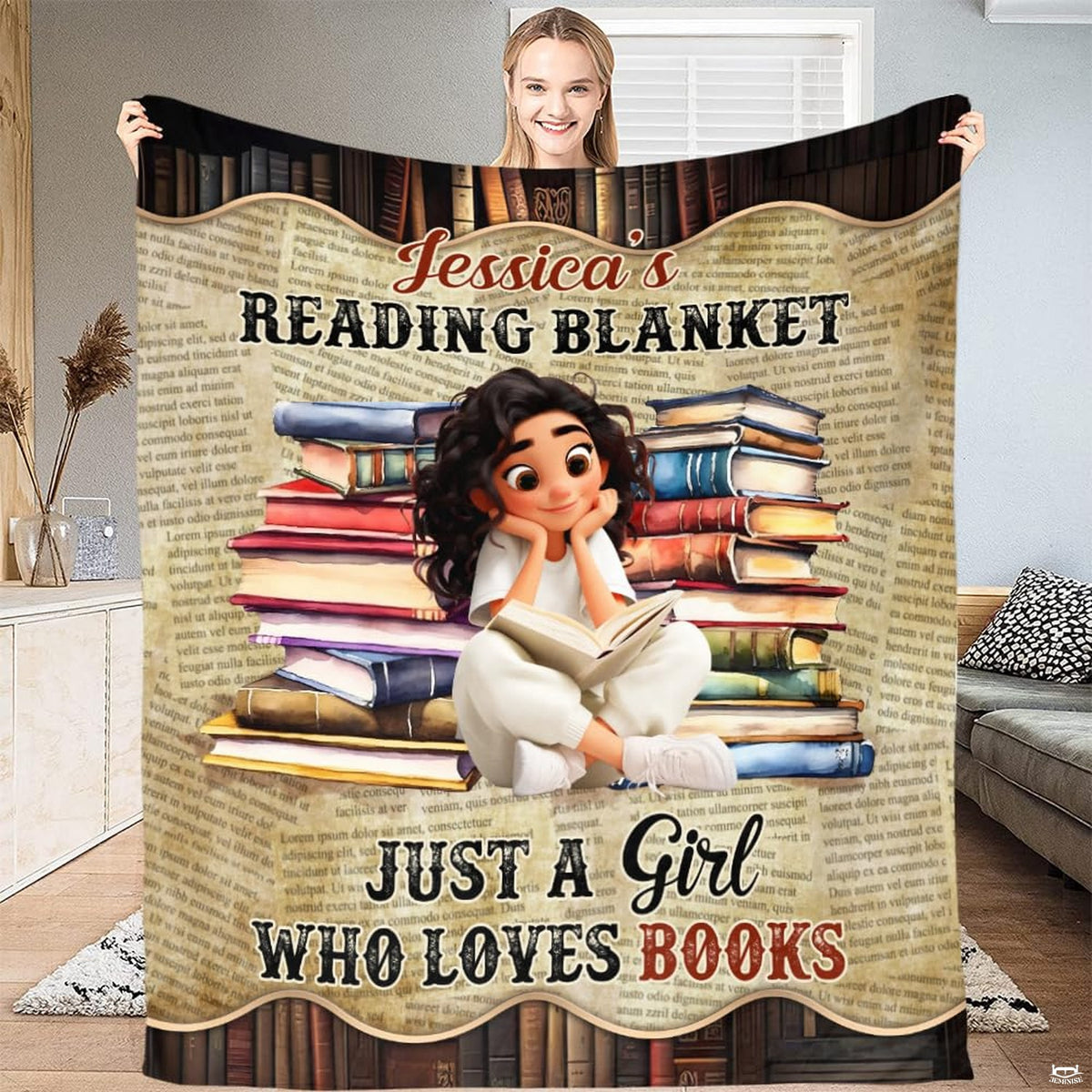 Person holding open the newsprint book blanket displaying the reader girl between book stacks and newsprint text.