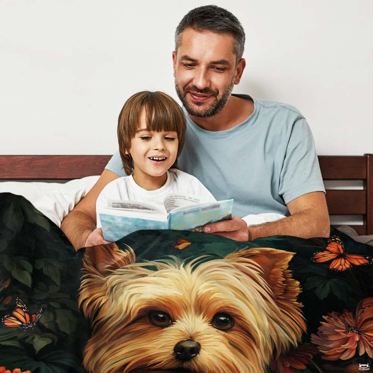 Bedding set displayed in bedroom setting showing Yorkshire Terrier artwork surrounded by dark green floral leaves.